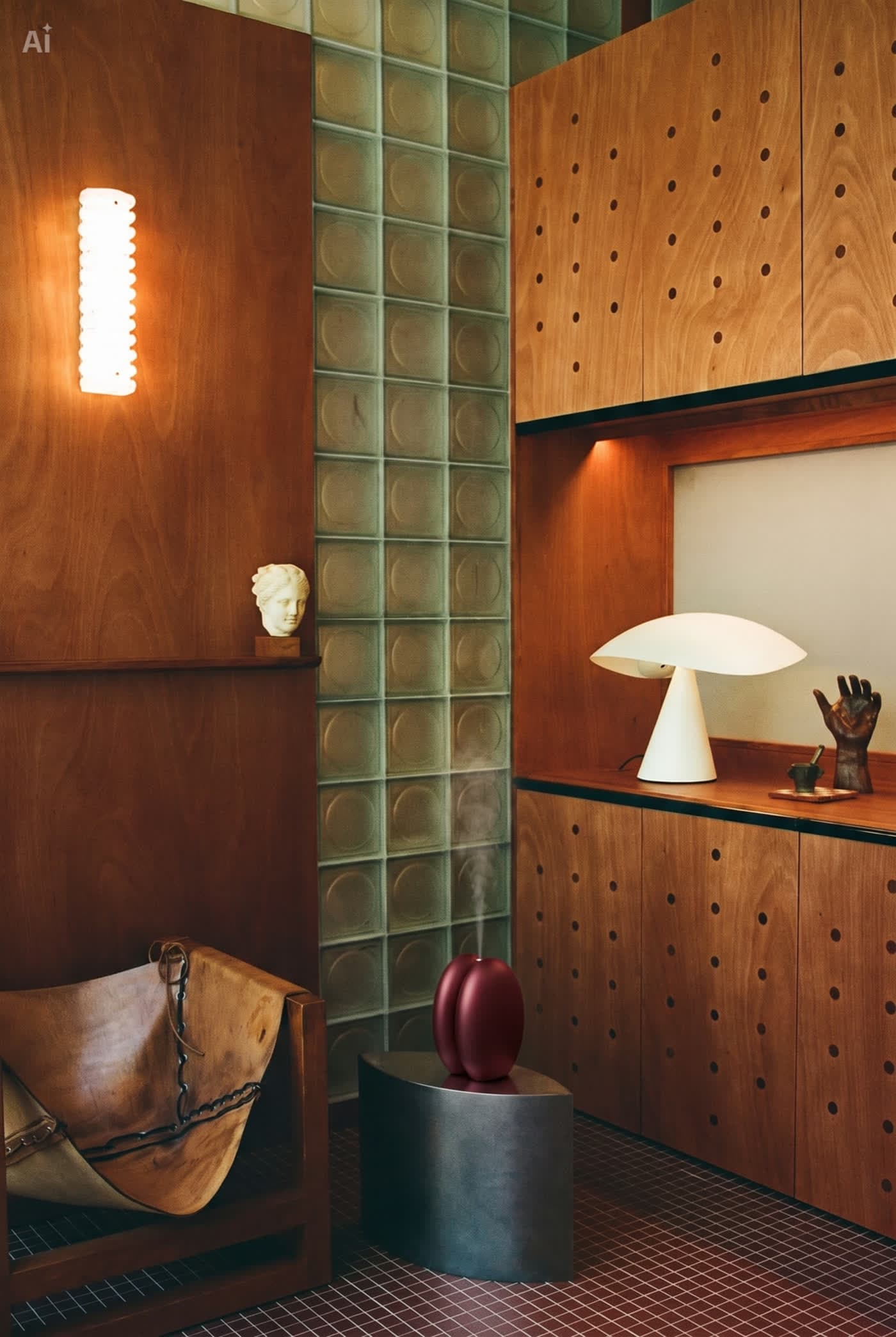 The burgundy Diffuser scenting a wood-panelled design interior
