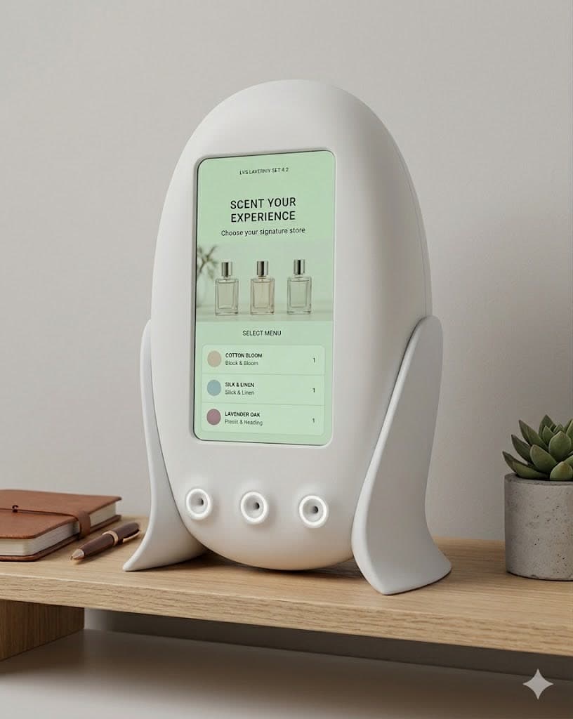 Un visiteur sélectionne son parfum sur la tablette tactile du Distributeur