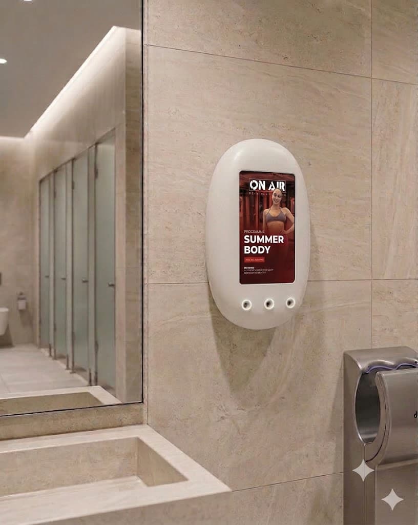 The wall-mounted Dispenser showing a targeted ad on its screen, in premium restrooms